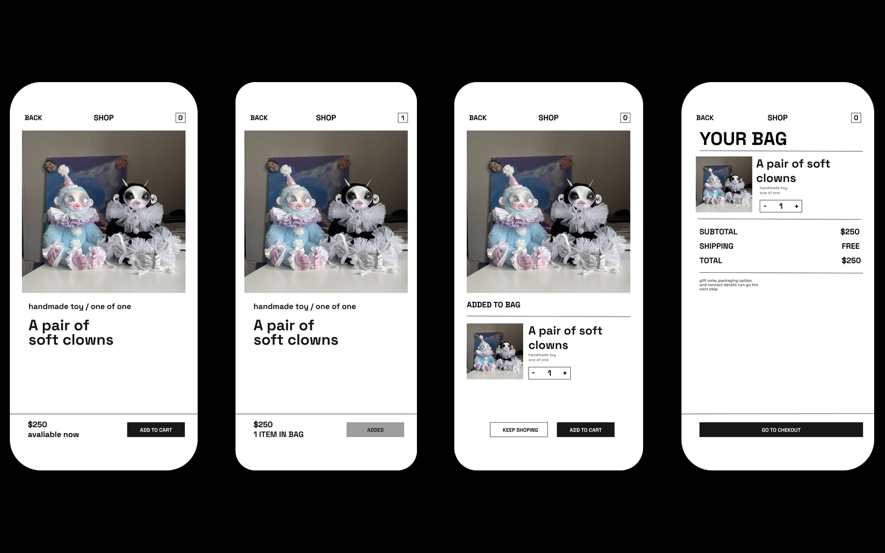 Handmade toy shop mobile purchase flow preview