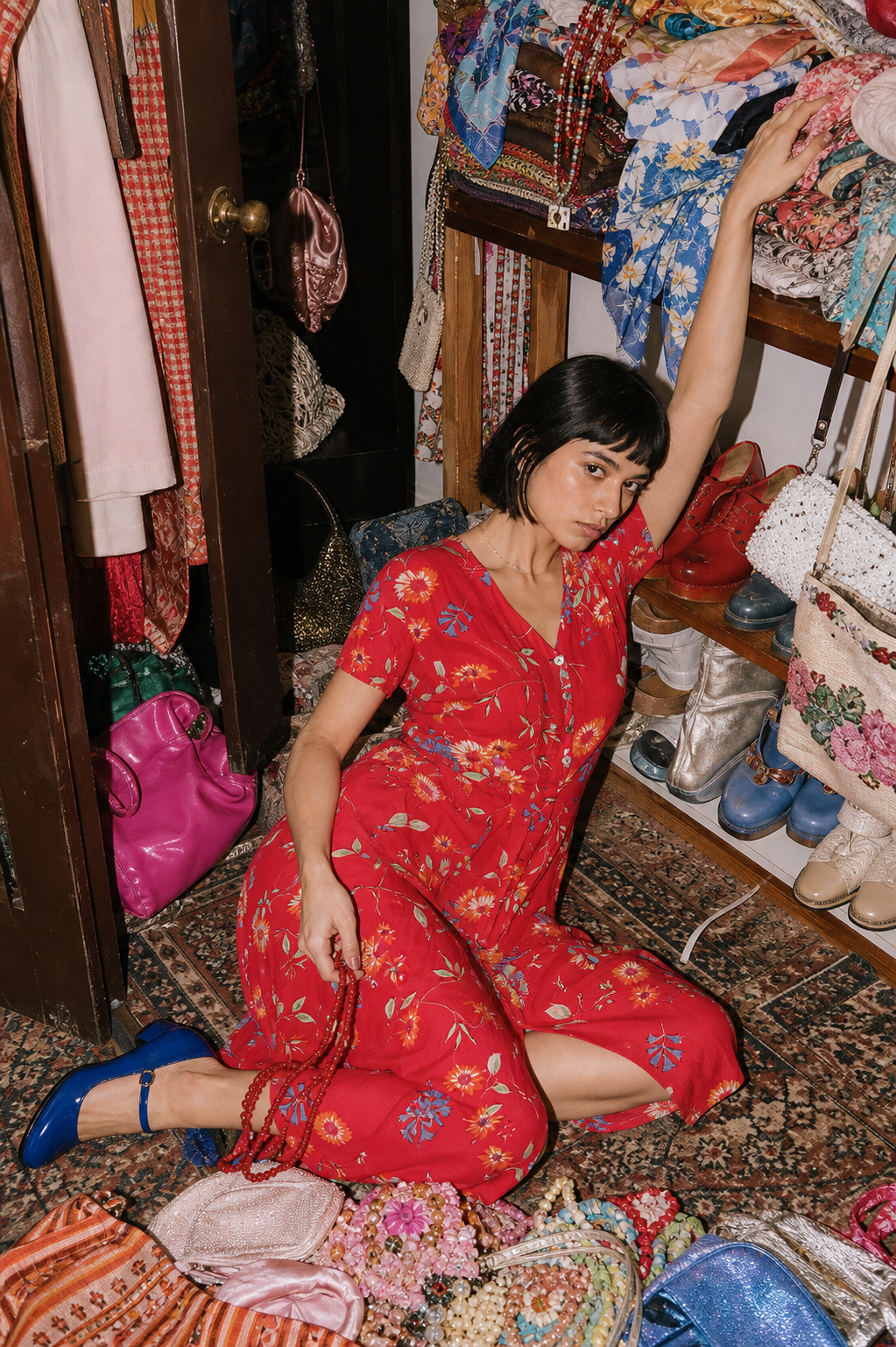 Red floral dress in closet